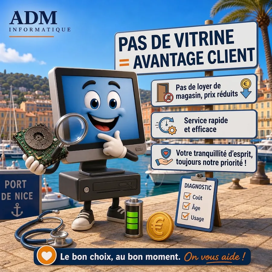 Pas de vitrine = avantage client — ADM Informatique Nice